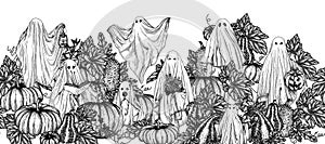 Vector horizontal seamless pattern with various ghosts in a pumpkin garden